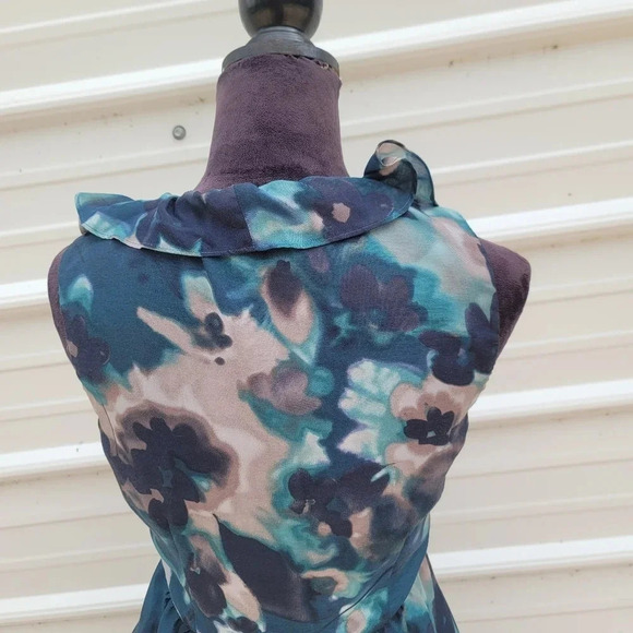 Ann Taylor LOFT Gray Turquoise Blue Watercolor Sheath Ruffle Dress V-Neck Sz 6 - Picture 10 of 12
